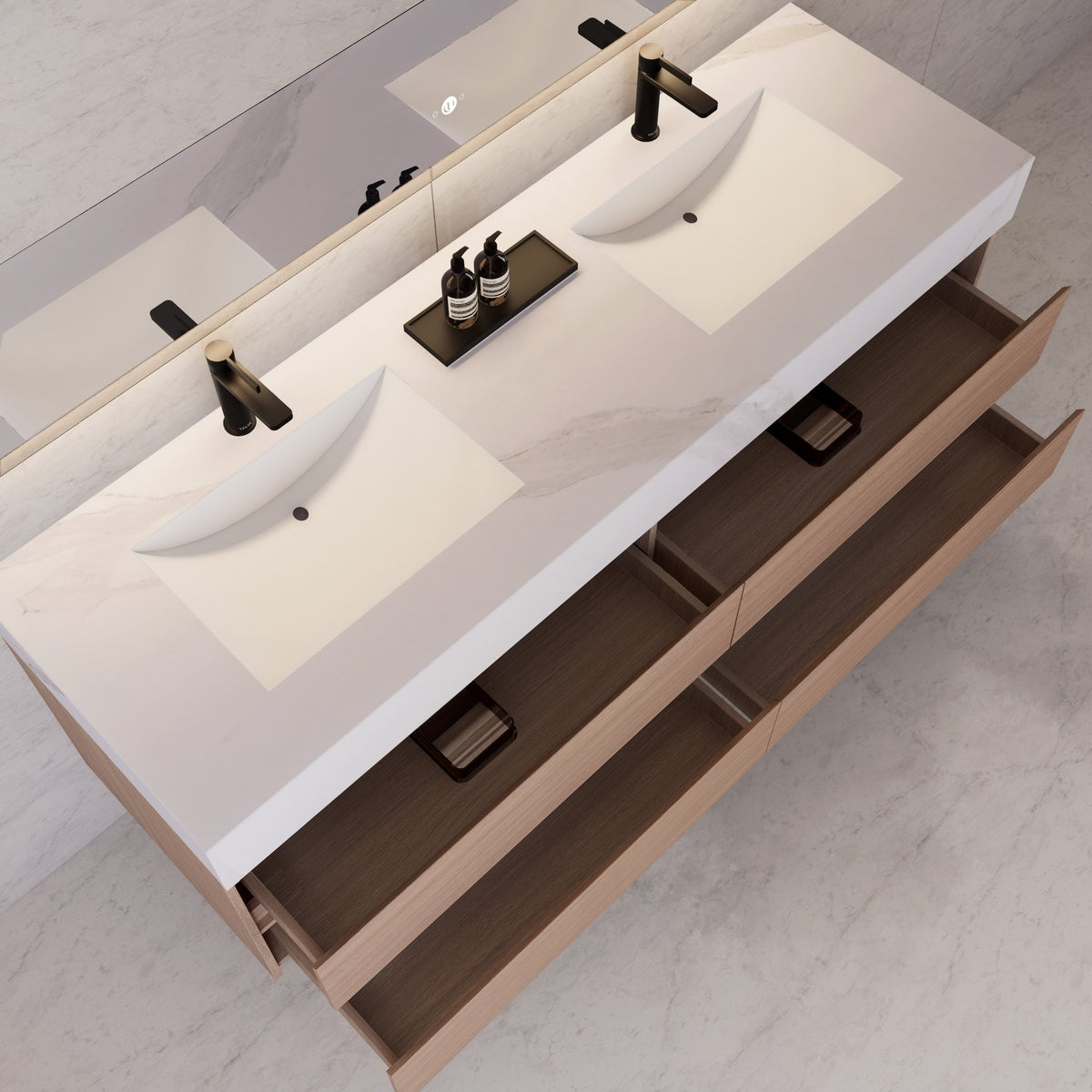 71"，60" Smoked Oak Double Sink Sintered Stone Top with Floating Bathroom Vanity -VanitySmoked Oak