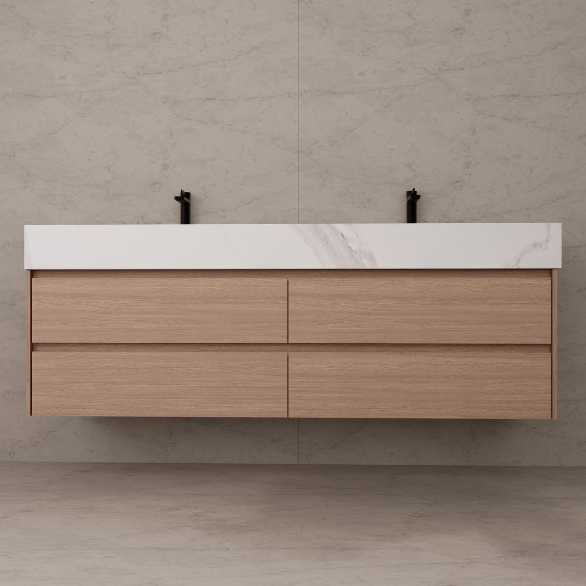71"，60" Smoked Oak Double Sink Sintered Stone Top with Floating Bathroom Vanity -VanitySmoked Oak