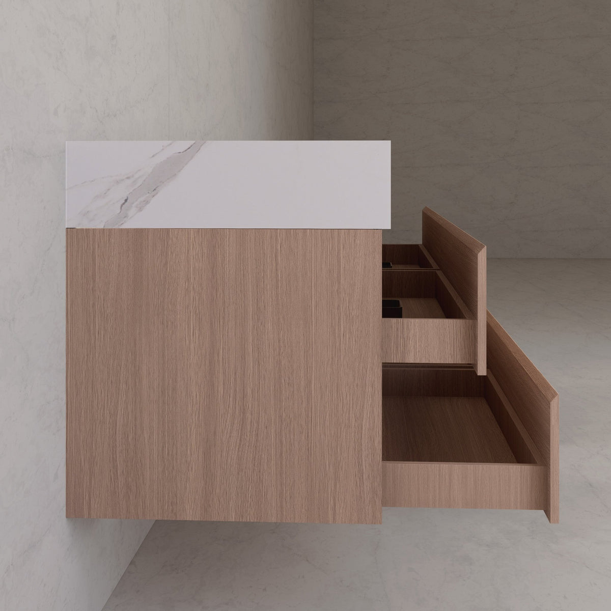 71"，60" Smoked Oak Double Sink Sintered Stone Top with Floating Bathroom Vanity -VanitySmoked Oak