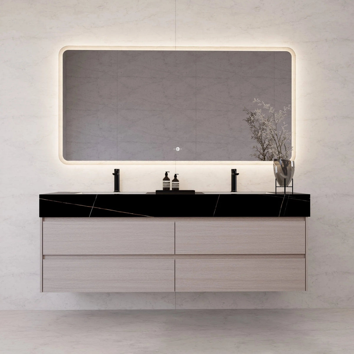 71"，60" Walnut Double Sink Sintered Stone Top with Elegant Floating Bathroom Vanity -VanityWalnut