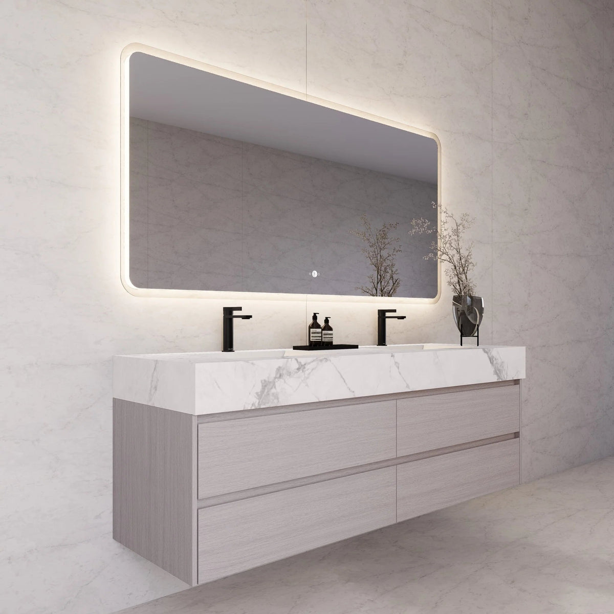 71"，60" Walnut Double Sink Sintered Stone Top with Elegant Floating Bathroom Vanity -VanityWalnut