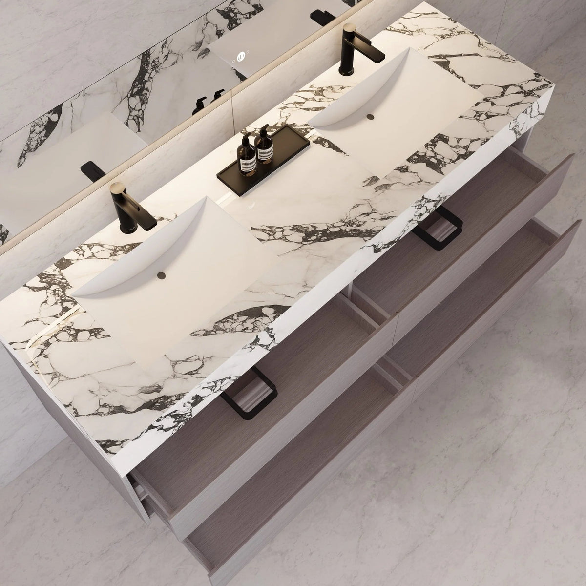 71"，60" Walnut Double Sink Sintered Stone Top with Elegant Floating Bathroom Vanity -VanityWalnut