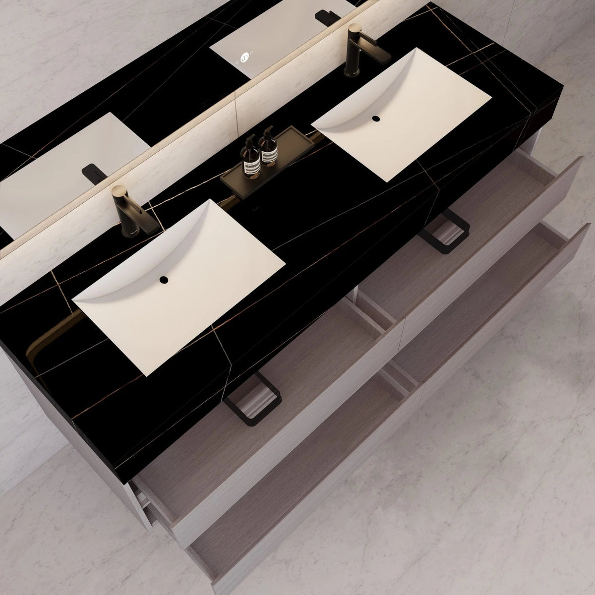 71"，60" Walnut Double Sink Sintered Stone Top with Elegant Floating Bathroom Vanity -VanityWalnut