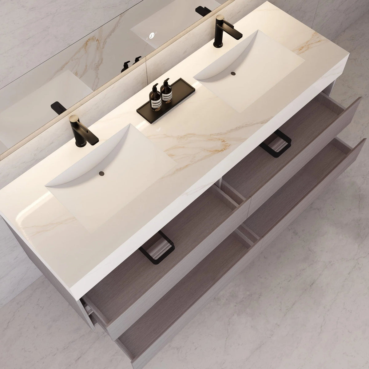 71"，60" Walnut Double Sink Sintered Stone Top with Elegant Floating Bathroom Vanity -VanityWalnut