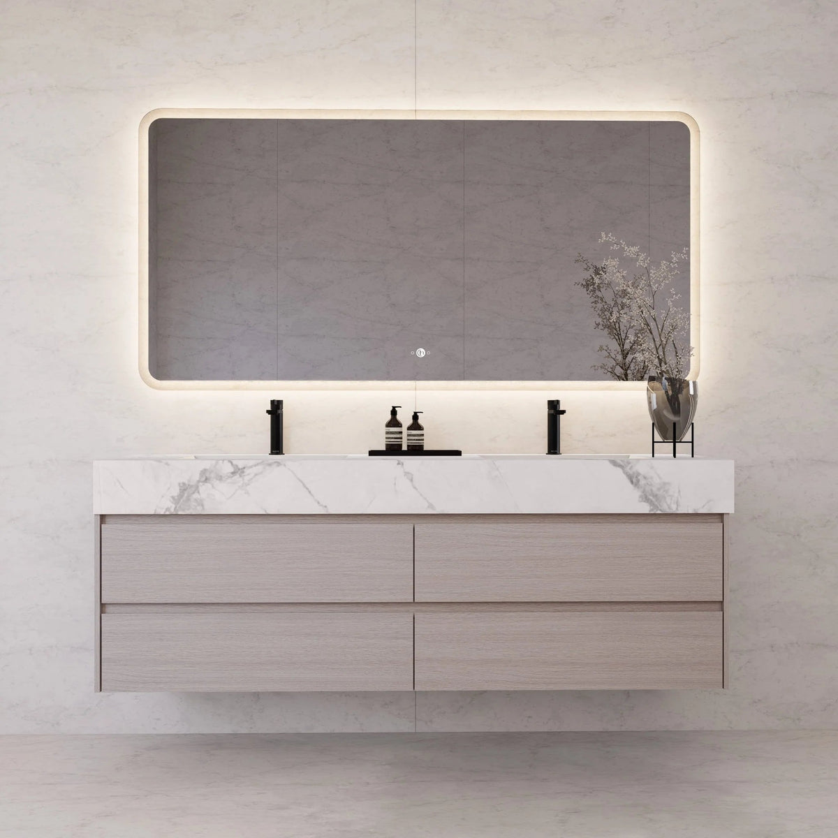 71"，60" Walnut Double Sink Sintered Stone Top with Elegant Floating Bathroom Vanity -VanityWalnut