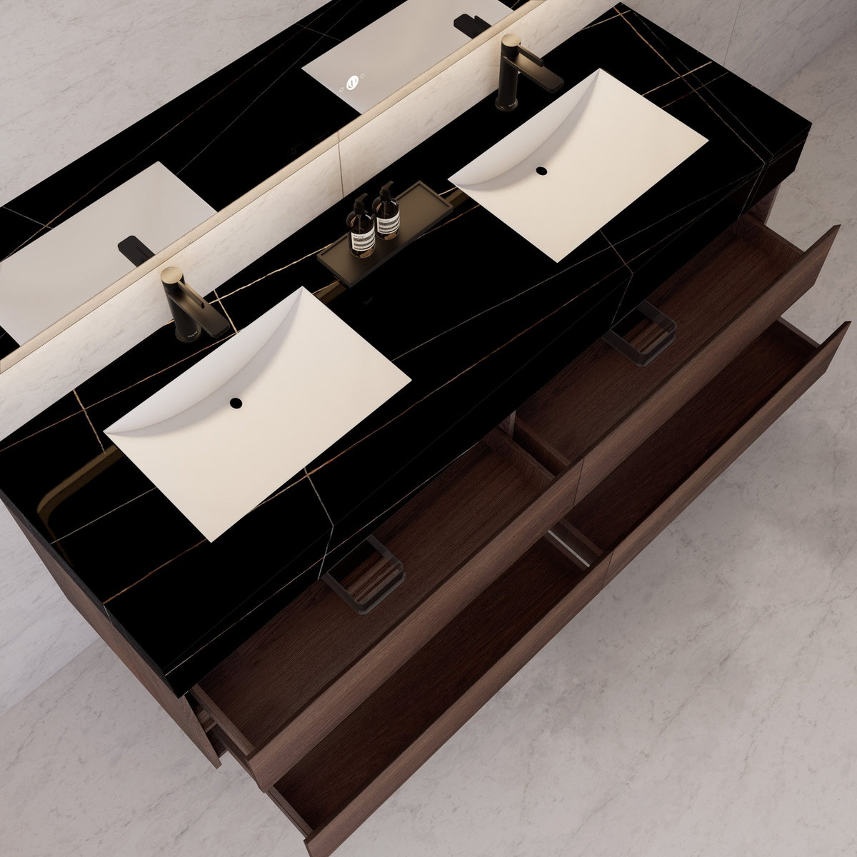 71"，60" Walnut Double Sink Sintered Stone Top with Elegant Floating Bathroom Vanity -VanityWalnut