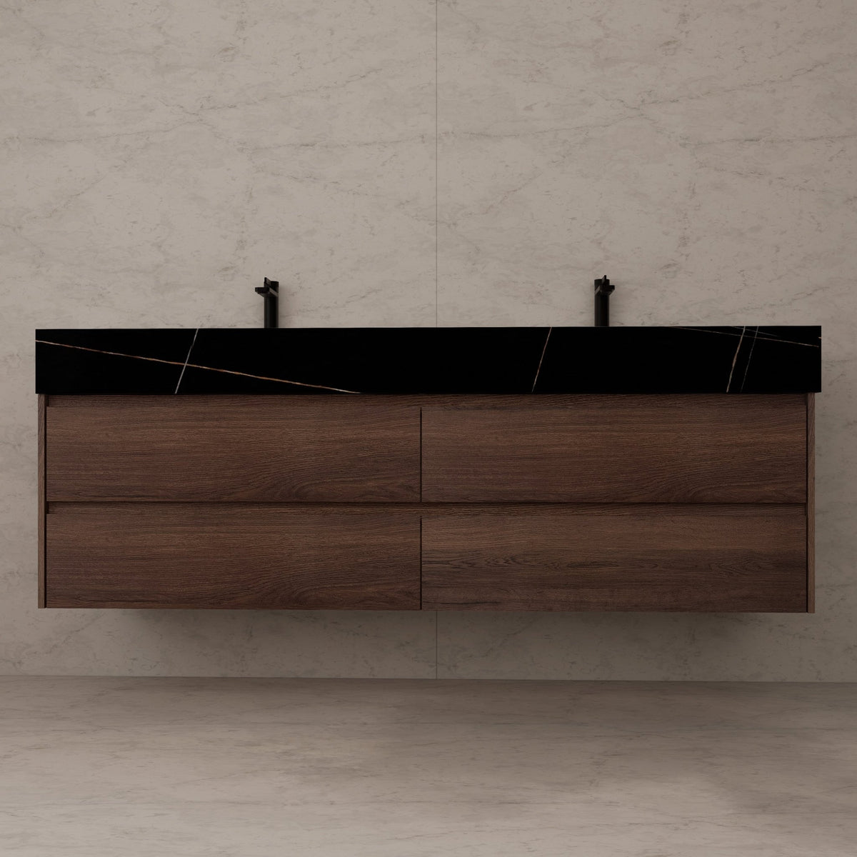 71"，60" Walnut Double Sink Sintered Stone Top with Elegant Floating Bathroom Vanity -VanityWalnut