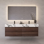 71"，60" Walnut Double Sink Sintered Stone Top with Elegant Floating Bathroom Vanity -VanityWalnut