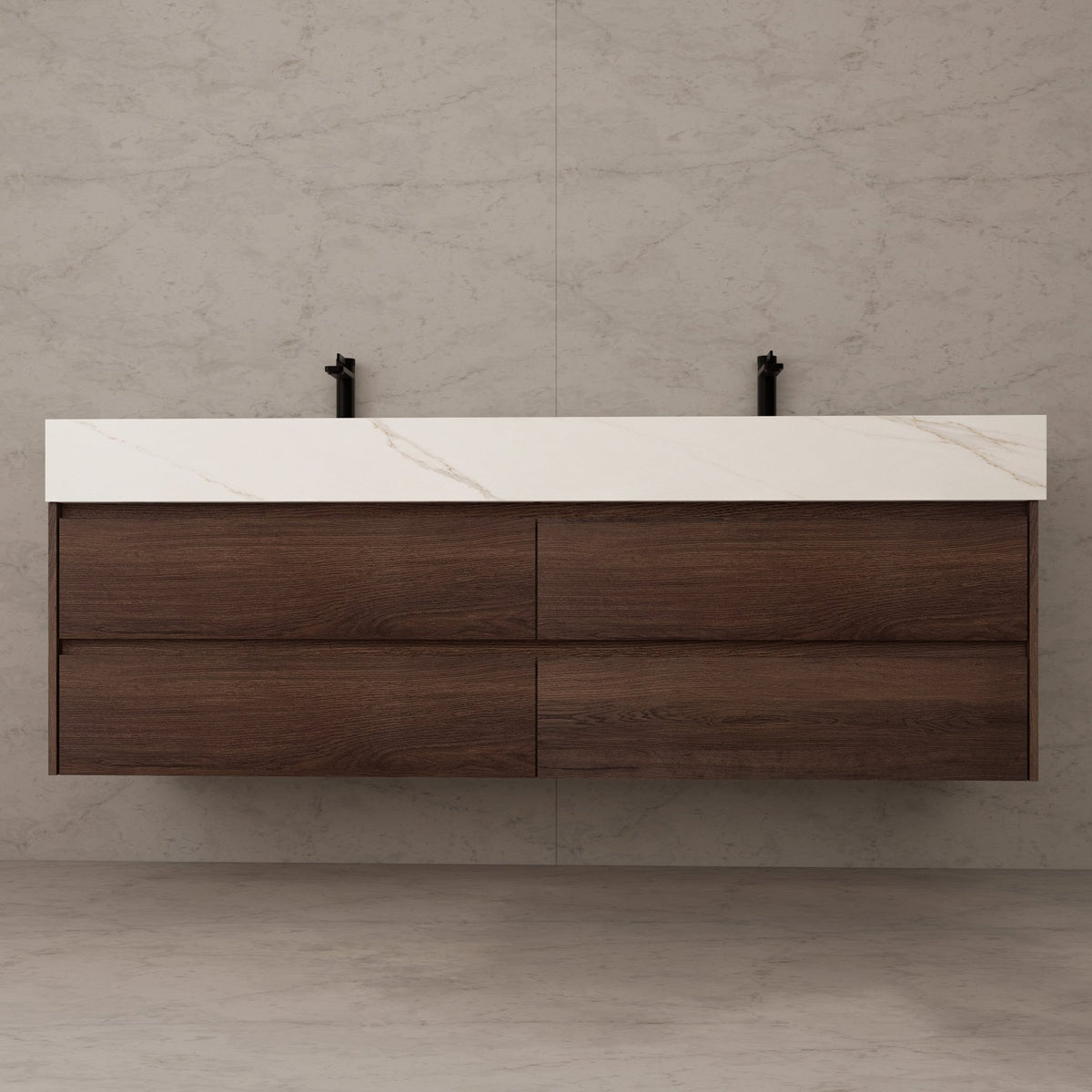 71"，60" Walnut Double Sink Sintered Stone Top with Elegant Floating Bathroom Vanity -VanityWalnut