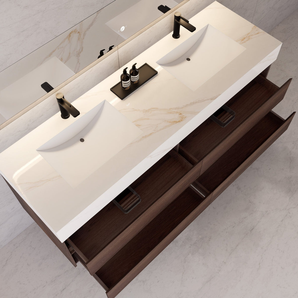 71"，60" Walnut Double Sink Sintered Stone Top with Elegant Floating Bathroom Vanity -VanityWalnut