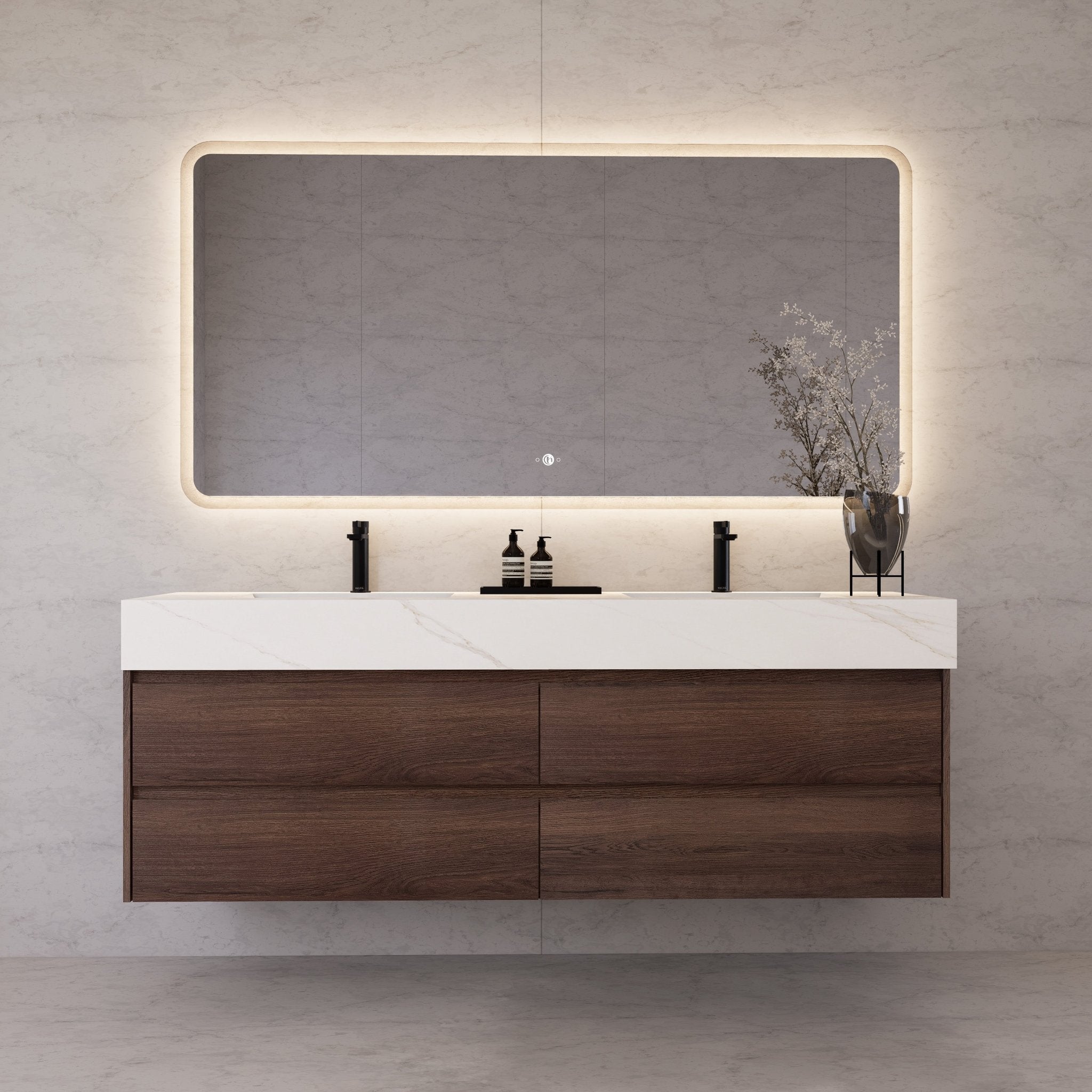 71"，60" Walnut Double Sink Sintered Stone Top with Elegant Floating Bathroom Vanity -VanityWalnut