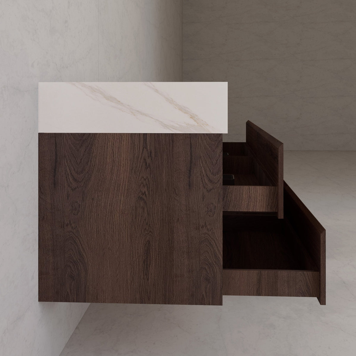 71"，60" Walnut Double Sink Sintered Stone Top with Elegant Floating Bathroom Vanity -VanityWalnut
