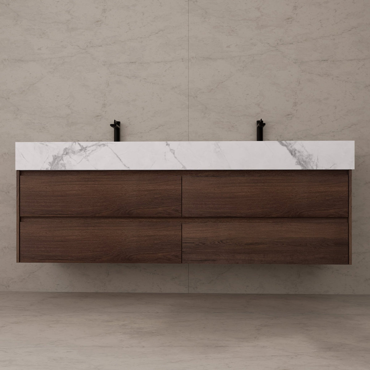 71"，60" Walnut Double Sink Sintered Stone Top with Elegant Floating Bathroom Vanity -VanityWalnut