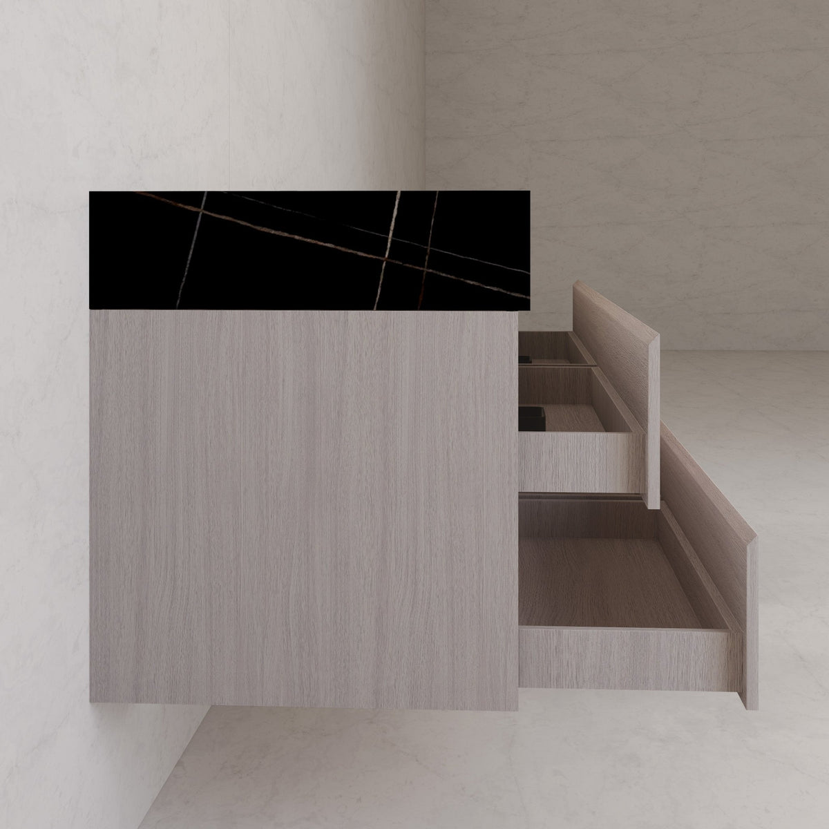 71"，60" White Grey Oak Double Sink Sintered Stone Top with Floating Bathroom Vanity -VanityWhite Grey Oak