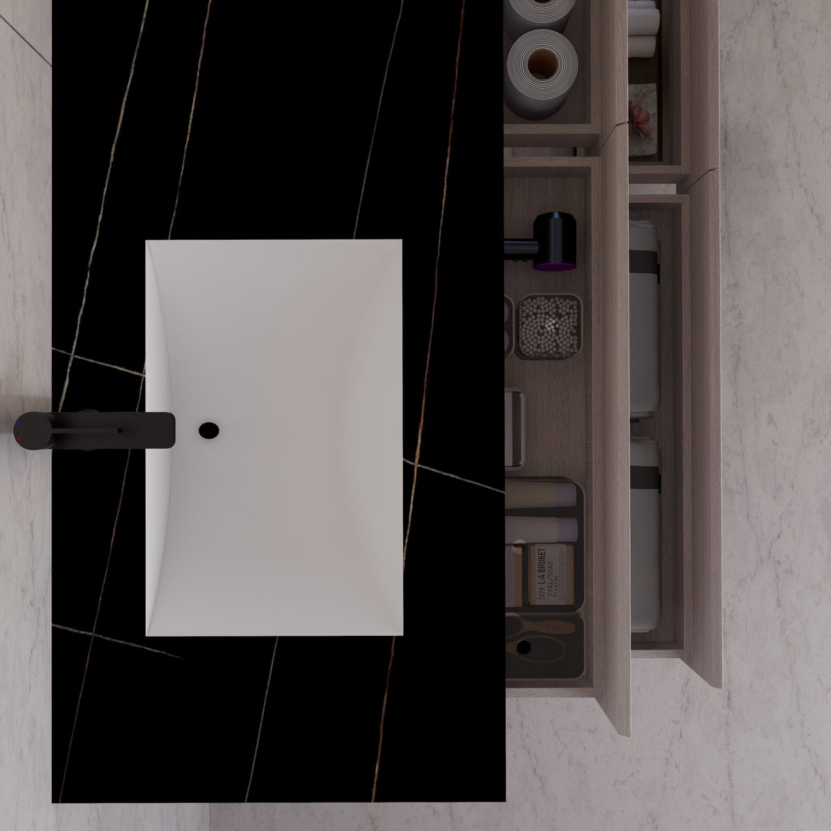 71"，60" White Grey Oak Double Sink Sintered Stone Top with Floating Bathroom Vanity -VanityWhite Grey Oak