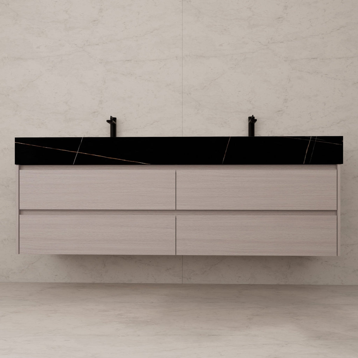 71"，60" White Grey Oak Double Sink Sintered Stone Top with Floating Bathroom Vanity -VanityWhite Grey Oak