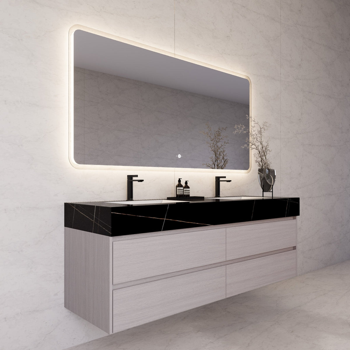 71"，60" White Grey Oak Double Sink Sintered Stone Top with Floating Bathroom Vanity -VanityWhite Grey Oak