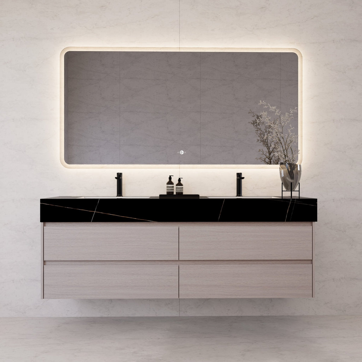 71"，60" White Grey Oak Double Sink Sintered Stone Top with Floating Bathroom Vanity -VanityWhite Grey Oak
