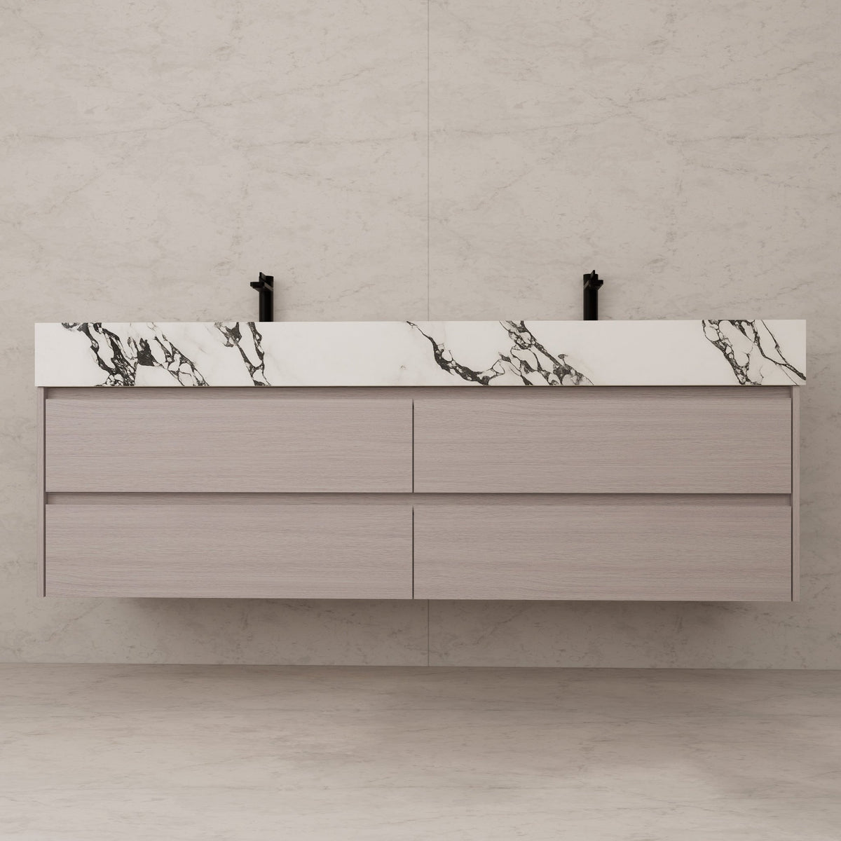 71"，60" White Grey Oak Double Sink Sintered Stone Top with Floating Bathroom Vanity -VanityWhite Grey Oak