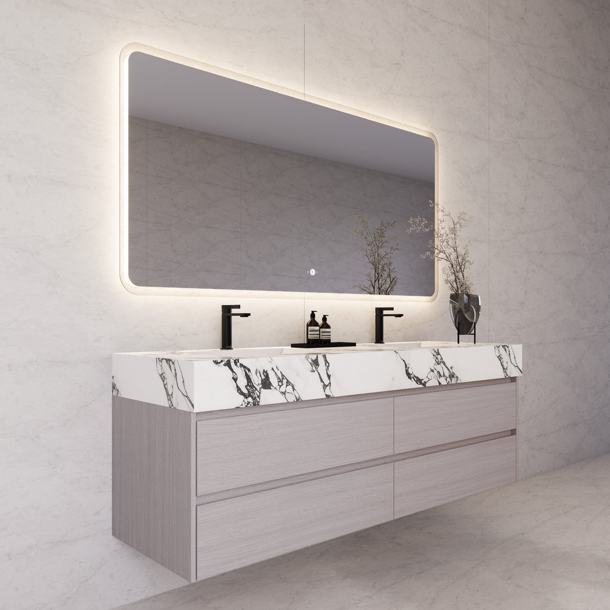 71"，60" White Grey Oak Double Sink Sintered Stone Top with Floating Bathroom Vanity -VanityWhite Grey Oak