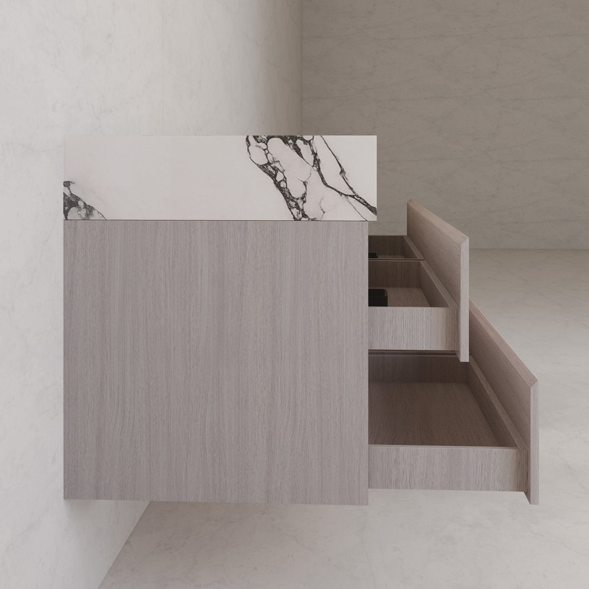 71"，60" White Grey Oak Double Sink Sintered Stone Top with Floating Bathroom Vanity -VanityWhite Grey Oak