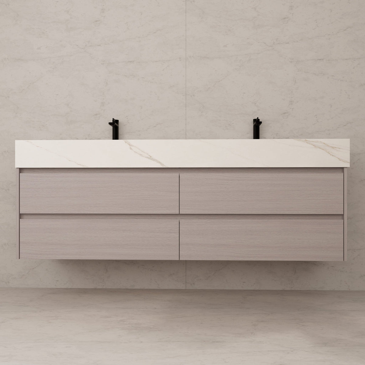 71"，60" White Grey Oak Double Sink Sintered Stone Top with Floating Bathroom Vanity -VanityWhite Grey Oak