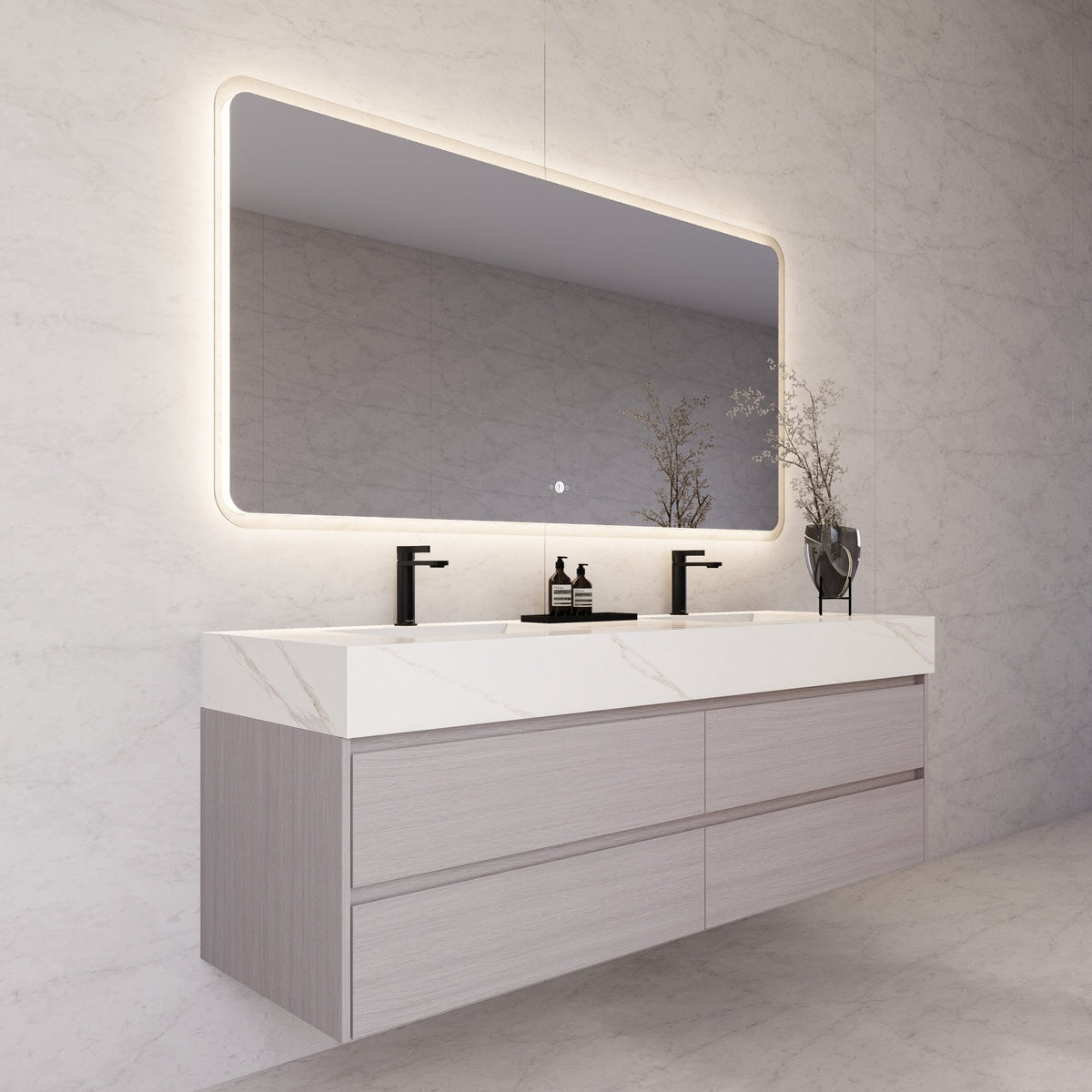 71"，60" White Grey Oak Double Sink Sintered Stone Top with Floating Bathroom Vanity -VanityWhite Grey Oak