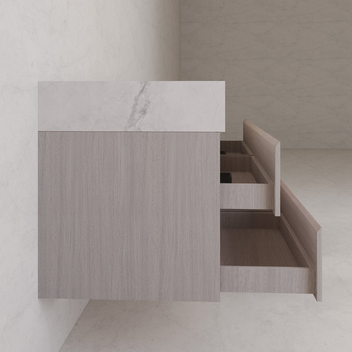 71"，60" White Grey Oak Double Sink Sintered Stone Top with Floating Bathroom Vanity -VanityWhite Grey Oak
