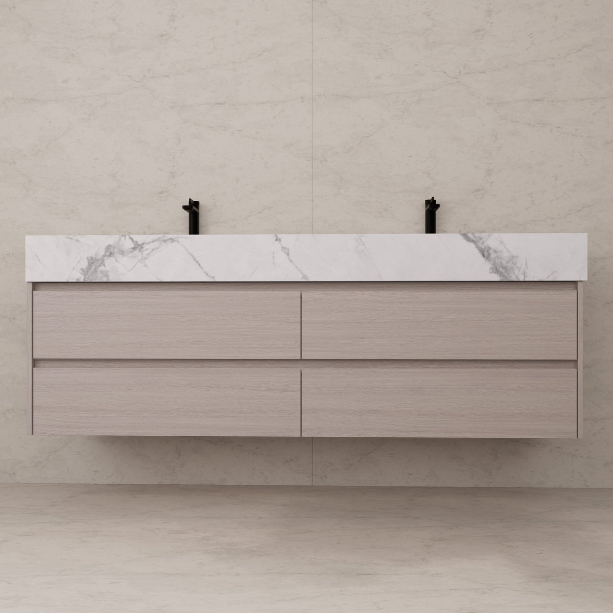 71"，60" White Grey Oak Double Sink Sintered Stone Top with Floating Bathroom Vanity -VanityWhite Grey Oak