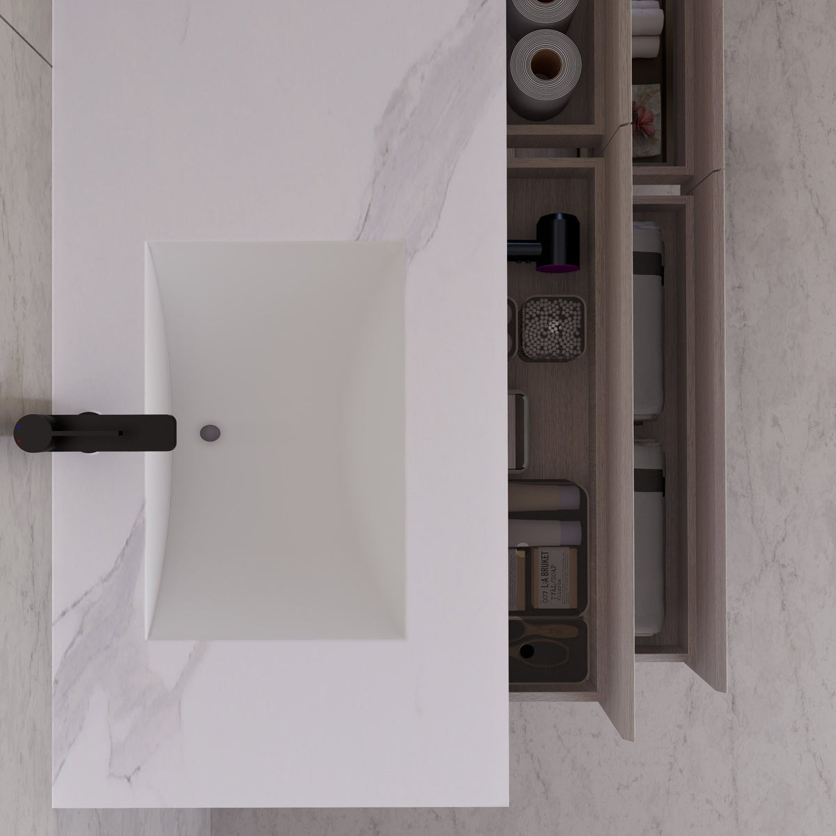 71"，60" White Grey Oak Double Sink Sintered Stone Top with Floating Bathroom Vanity -VanityWhite Grey Oak