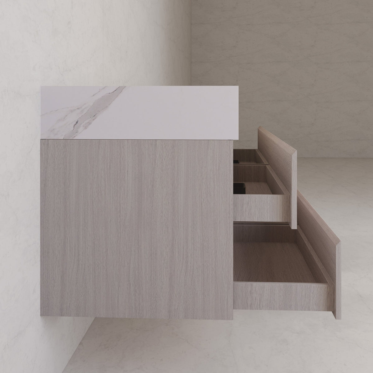 71"，60" White Grey Oak Double Sink Sintered Stone Top with Floating Bathroom Vanity -VanityWhite Grey Oak