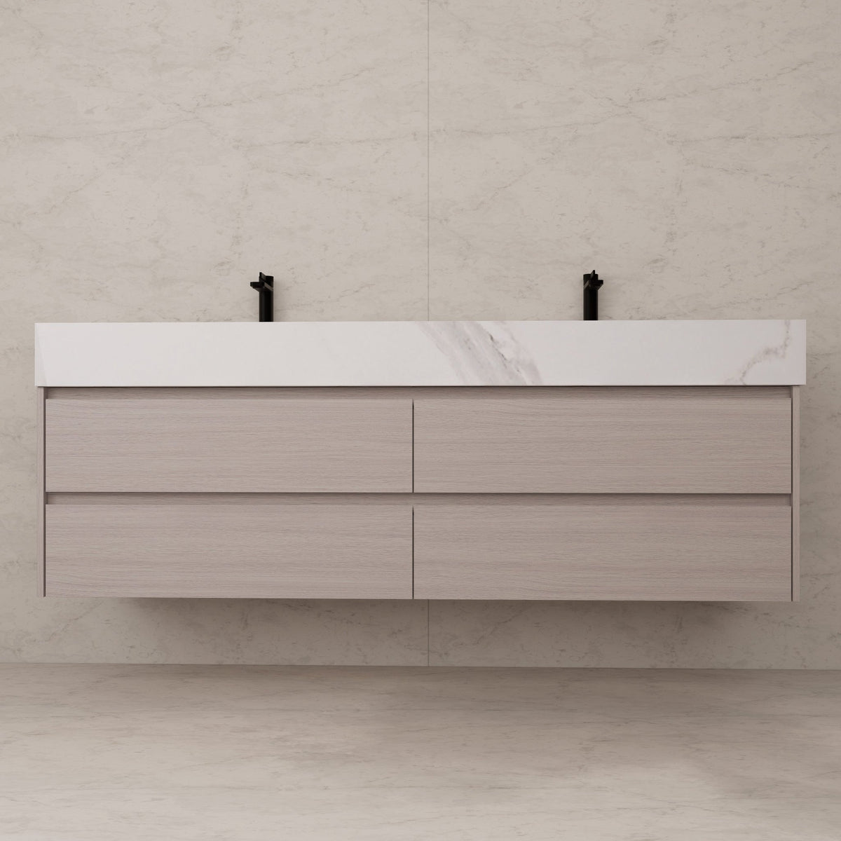 71"，60" White Grey Oak Double Sink Sintered Stone Top with Floating Bathroom Vanity -VanityWhite Grey Oak