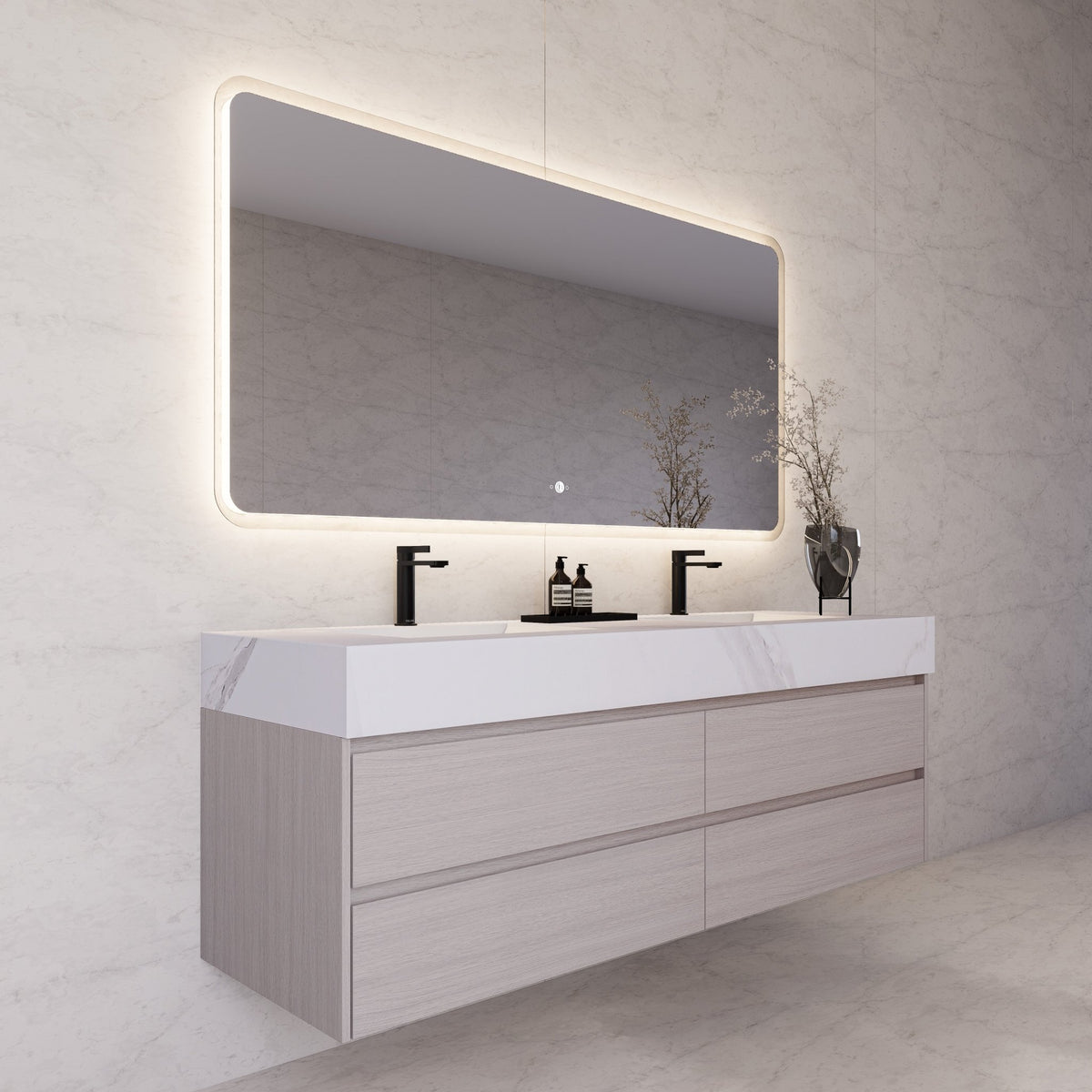71"，60" White Grey Oak Double Sink Sintered Stone Top with Floating Bathroom Vanity -VanityWhite Grey Oak