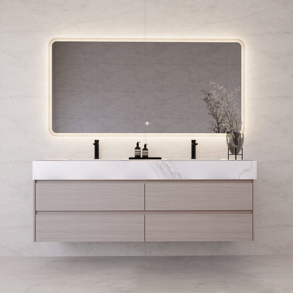 71"，60" White Grey Oak Double Sink Sintered Stone Top with Floating Bathroom Vanity -VanityWhite Grey Oak