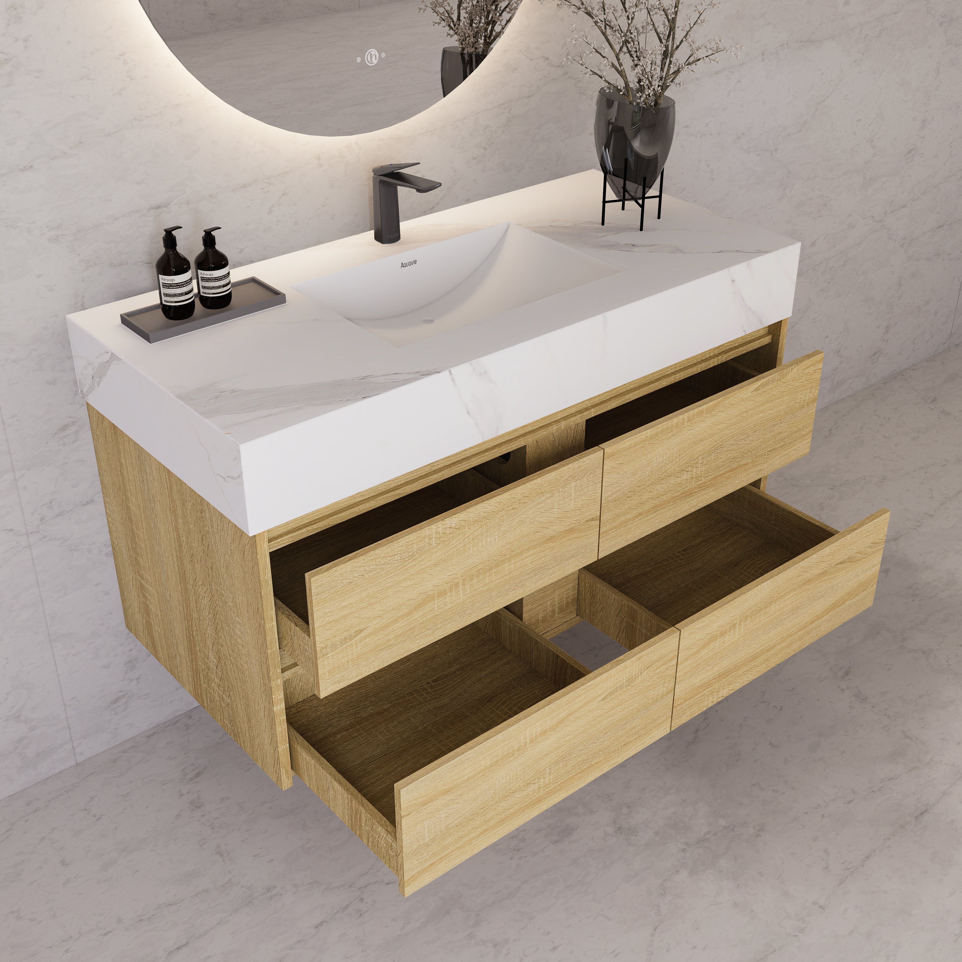 48"，60" Light Oak Sintered Stone Top With Four Drawer Floating Bathroom Vanity