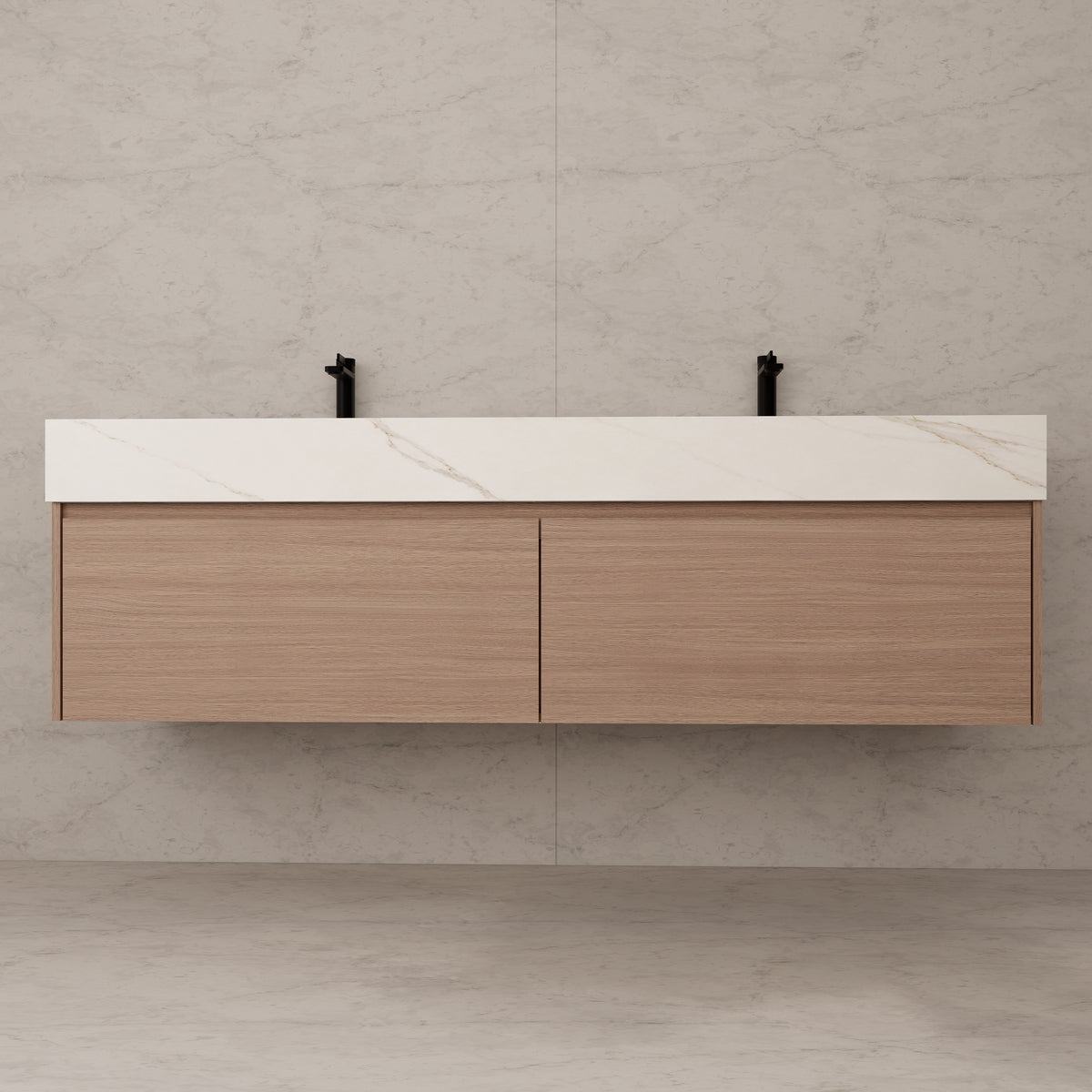 Meuble-lavabo suspendu double de 60 po / 71 po en chêne fumé avec dessus en pierre