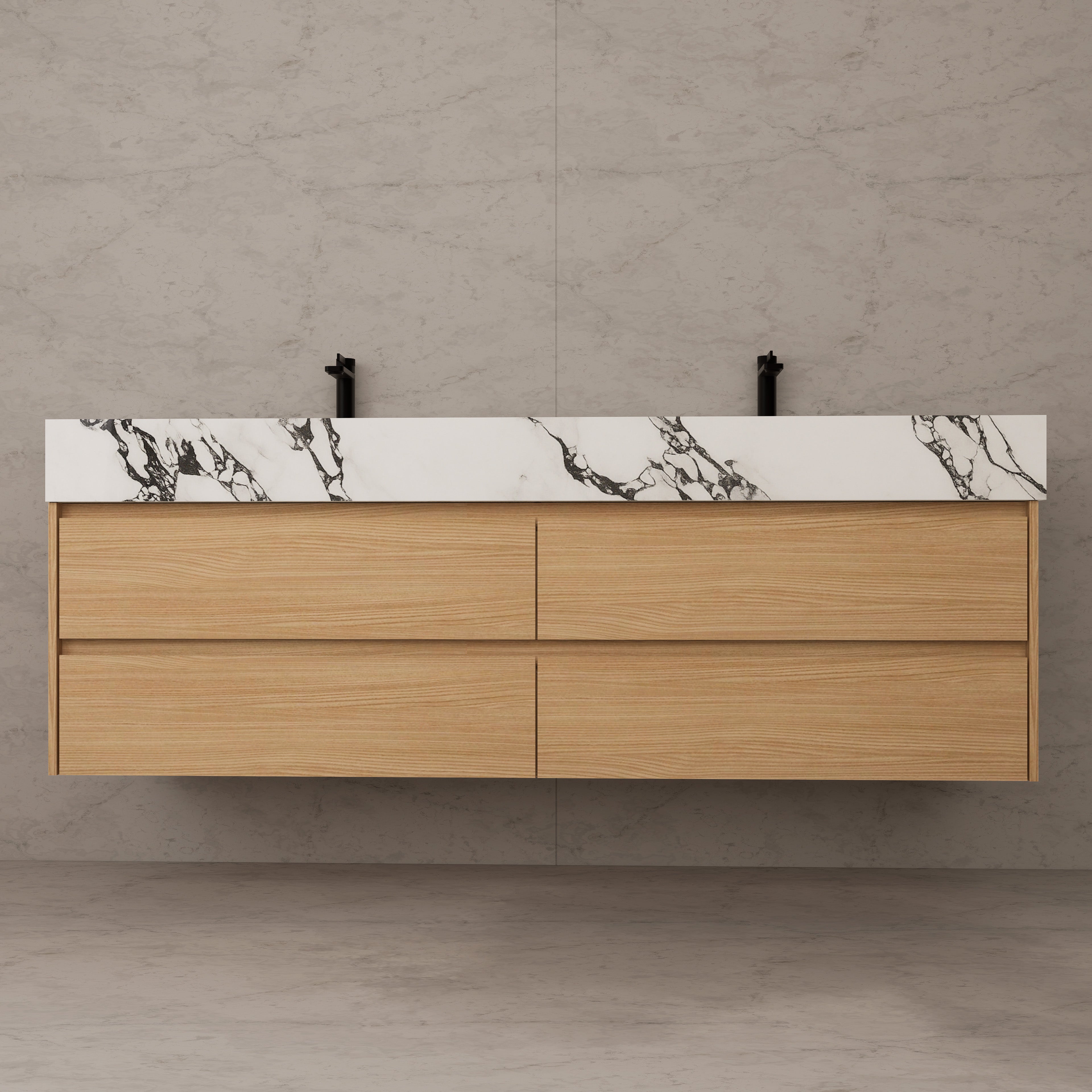 71"，60" Nature Oak Double Sink Sintered Stone Top with Floating Bathroom Vanity
