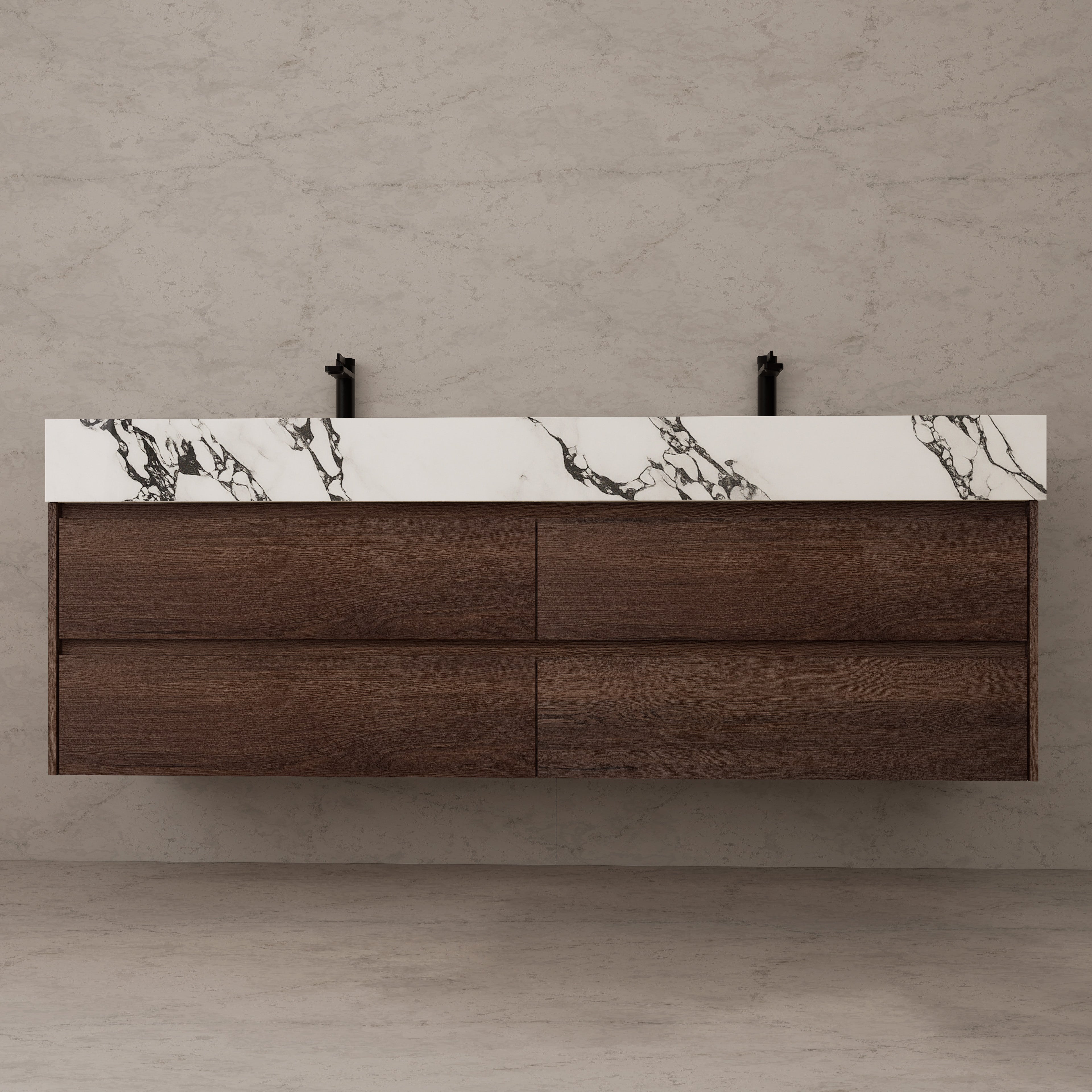 71"，60" Walnut Double Sink Sintered Stone Top with Elegant Floating Bathroom Vanity