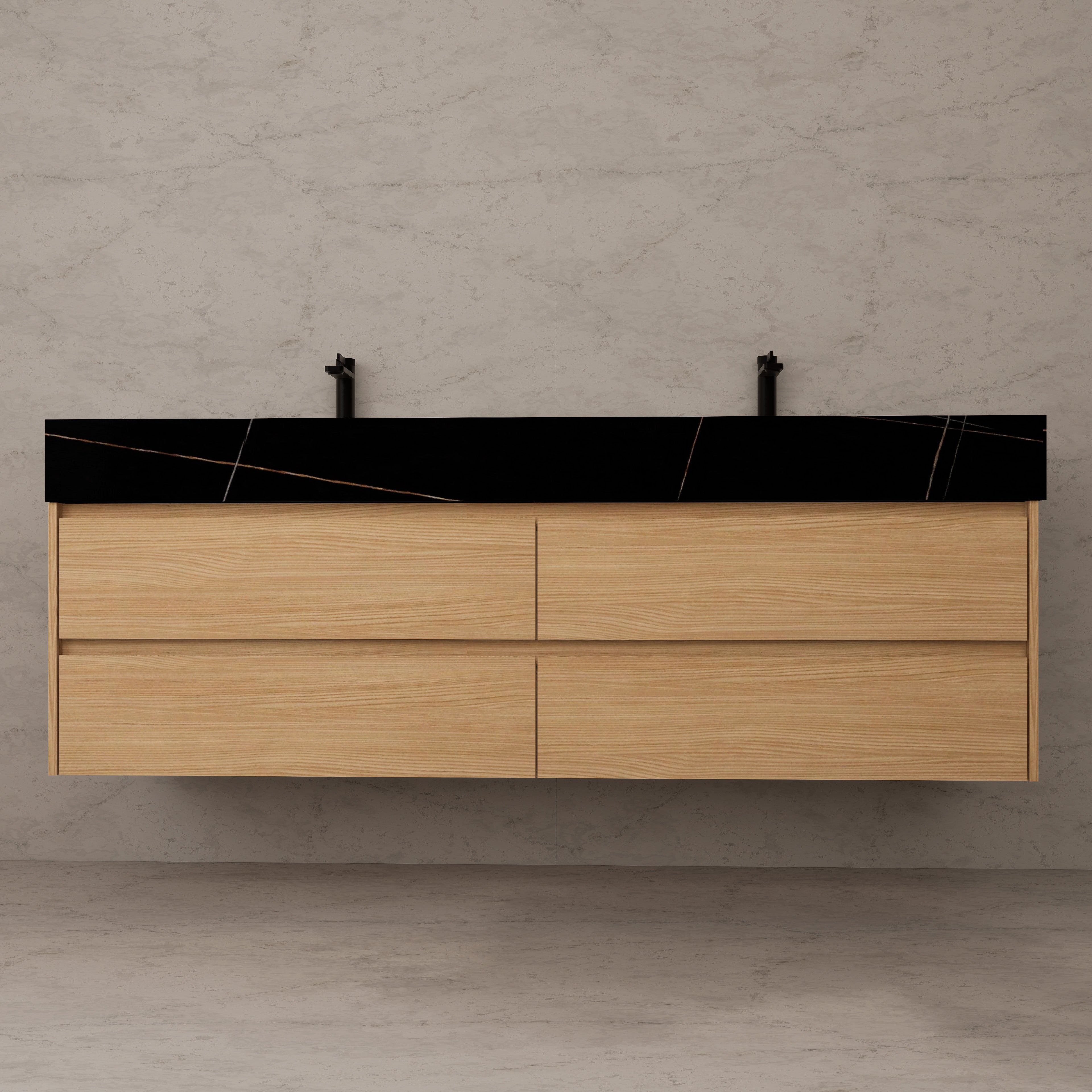 71"，60" Nature Oak Double Sink Sintered Stone Top with Floating Bathroom Vanity