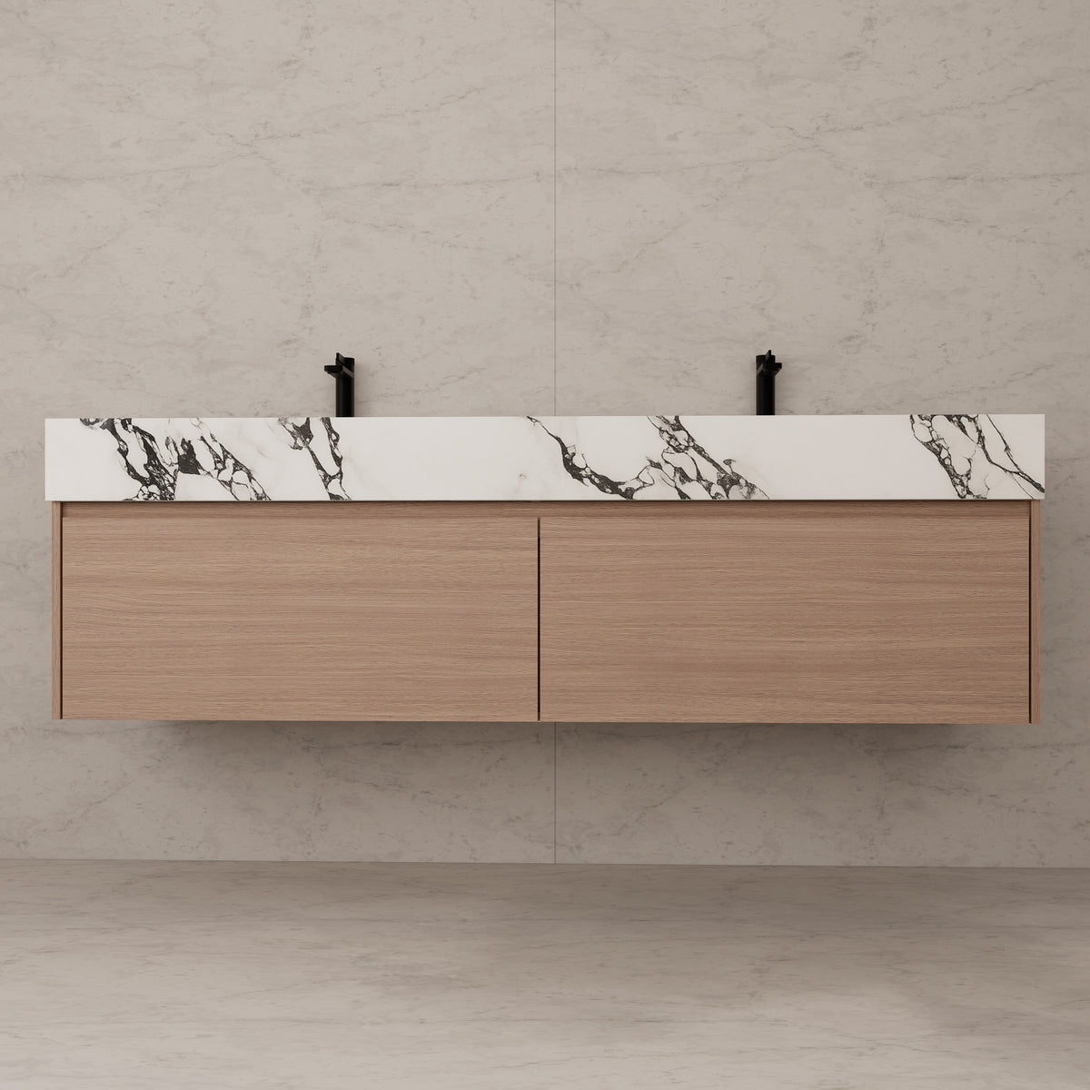 Meuble-lavabo suspendu double de 60 po / 71 po en chêne fumé avec dessus en pierre