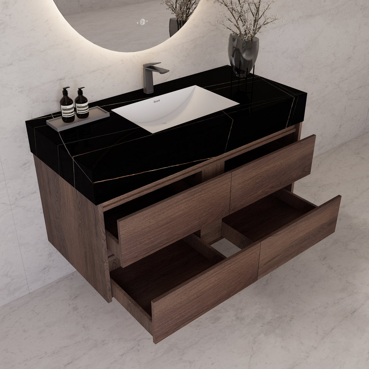 48"，60" Walnut Sintered Stone Top With Four Drawer Floating Bathroom Vanity