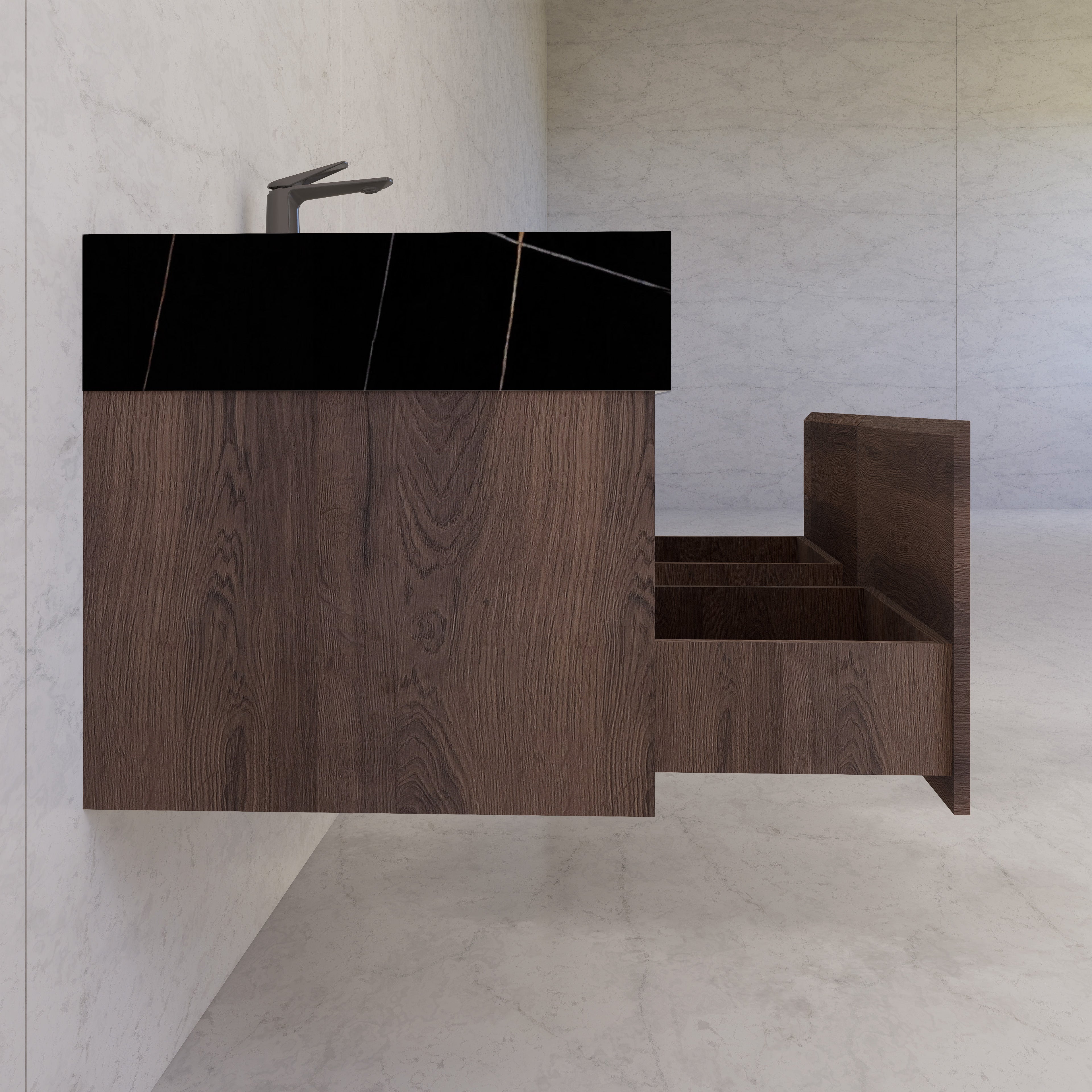 48", 60" Walnut Sintered Stone Top with Double Drawer Floating Bathroom Vanity