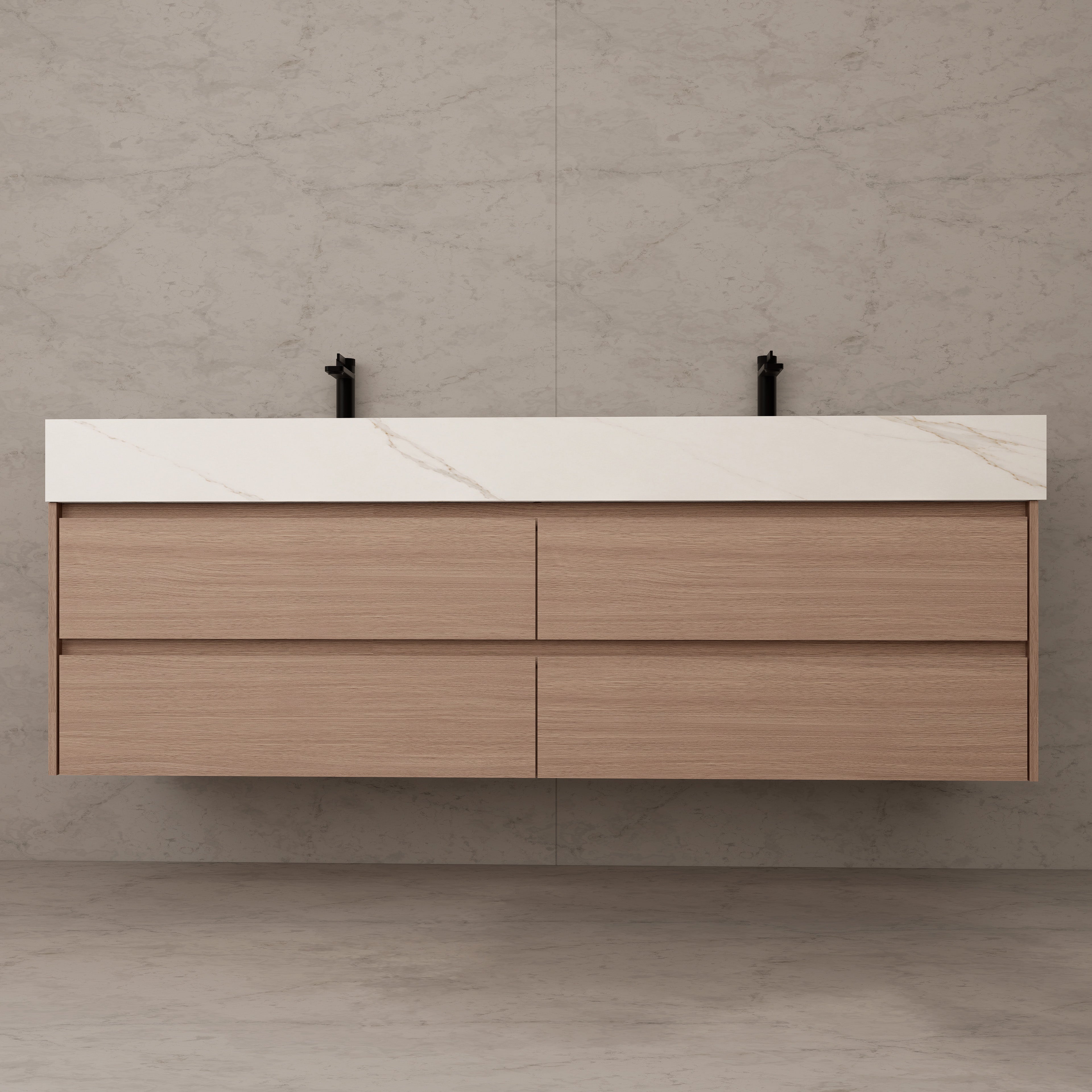 71"，60" Smoked Oak Double Sink Sintered Stone Top with Floating Bathroom Vanity
