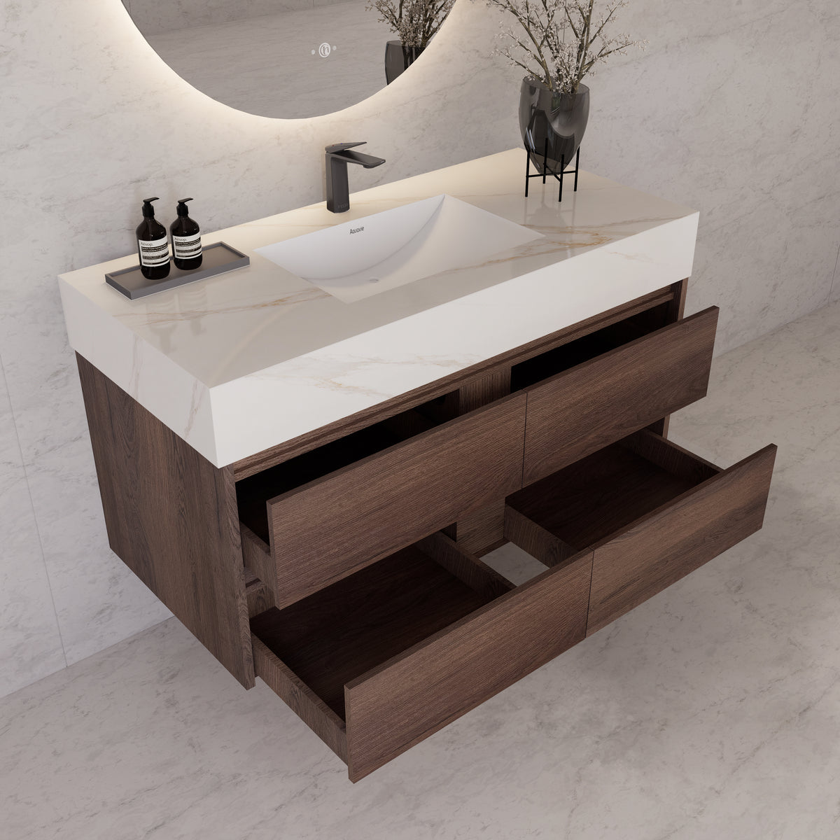 48"，60" Walnut Sintered Stone Top With Four Drawer Floating Bathroom Vanity