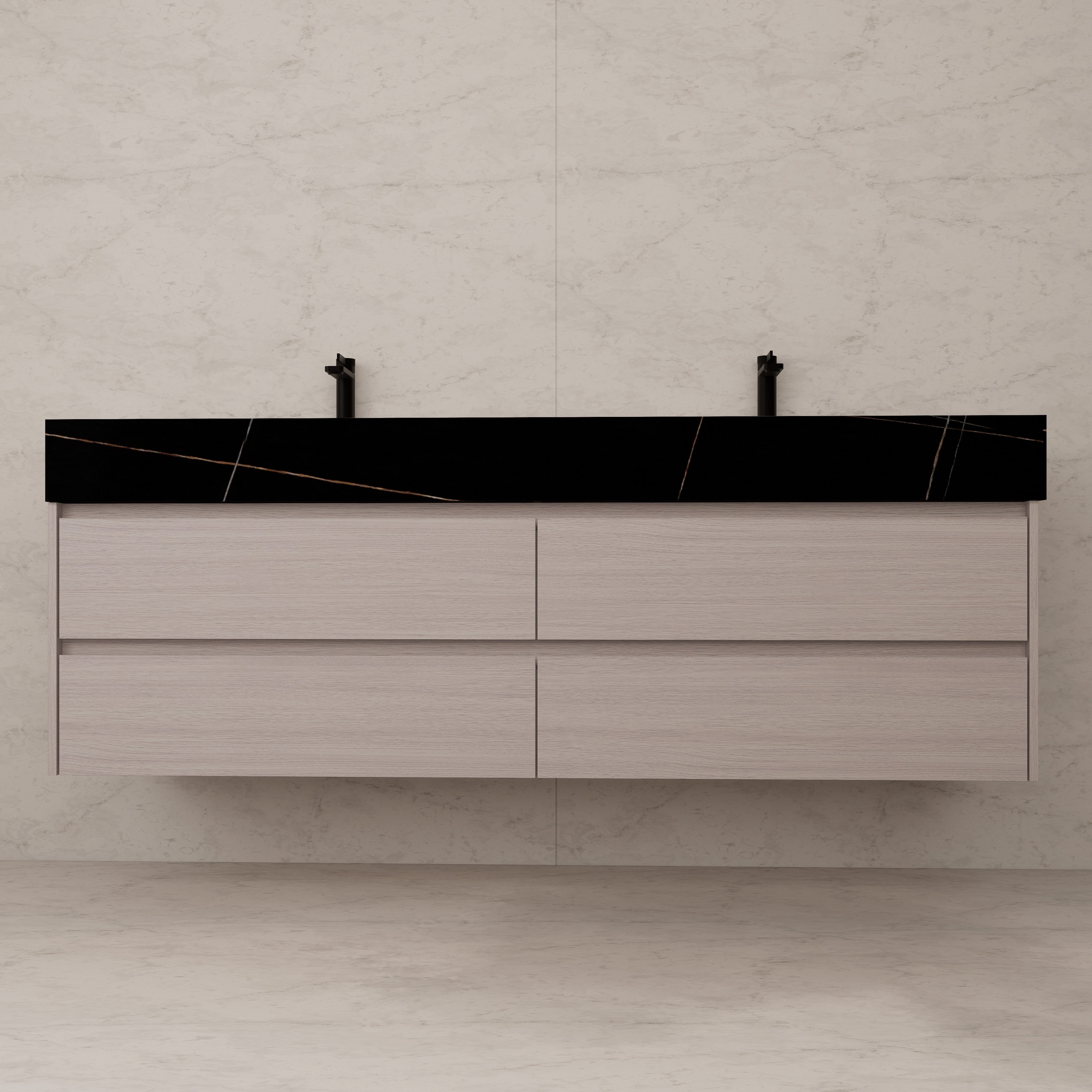 71"，60" White Grey Oak Double Sink Sintered Stone Top with Floating Bathroom Vanity