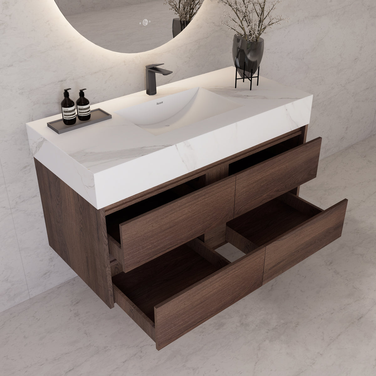 48"，60" Walnut Sintered Stone Top With Four Drawer Floating Bathroom Vanity