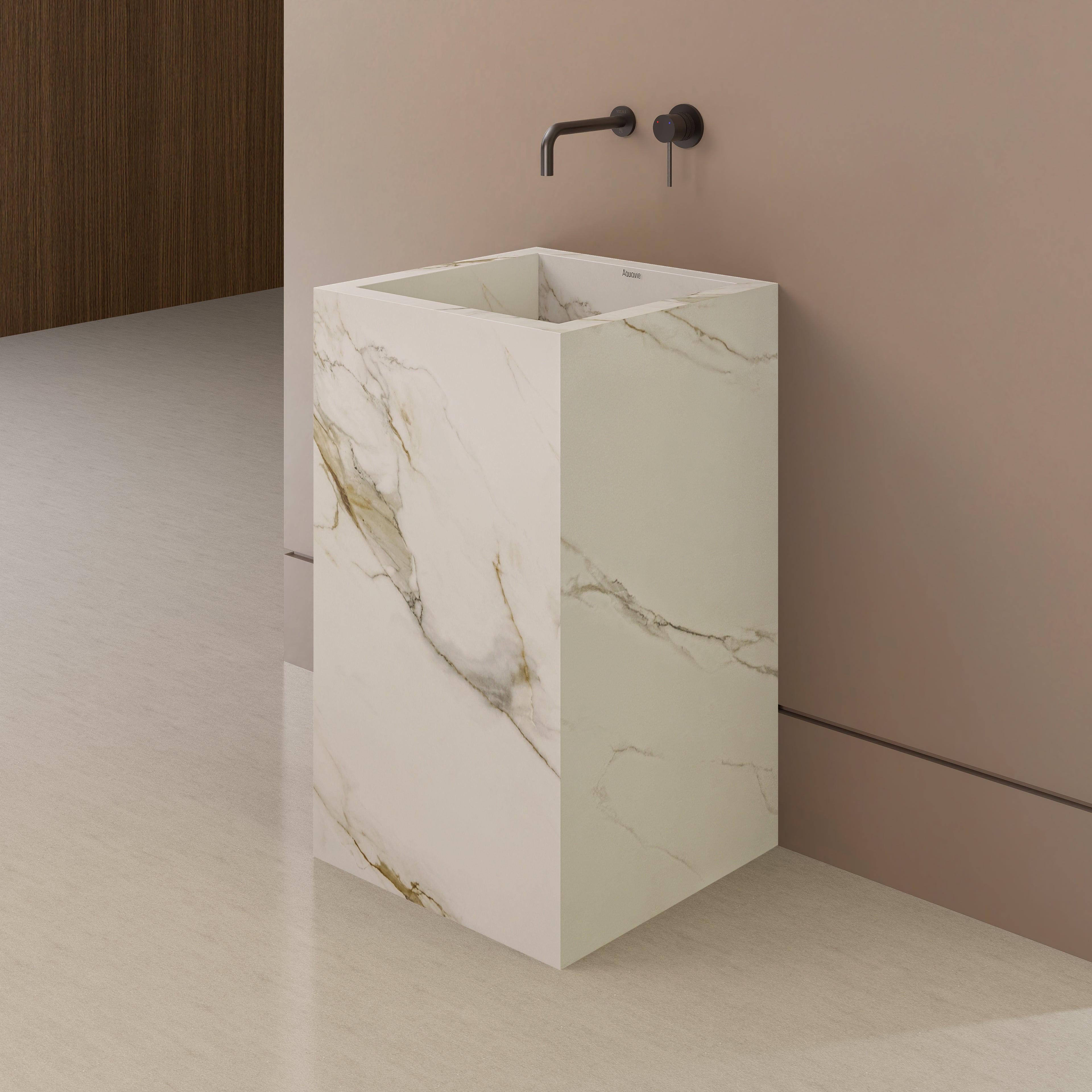 Monolithic Freestanding Pedestal Sink | Calacatta Gold Sintered Stone Ramp Basin with Hidden Drain