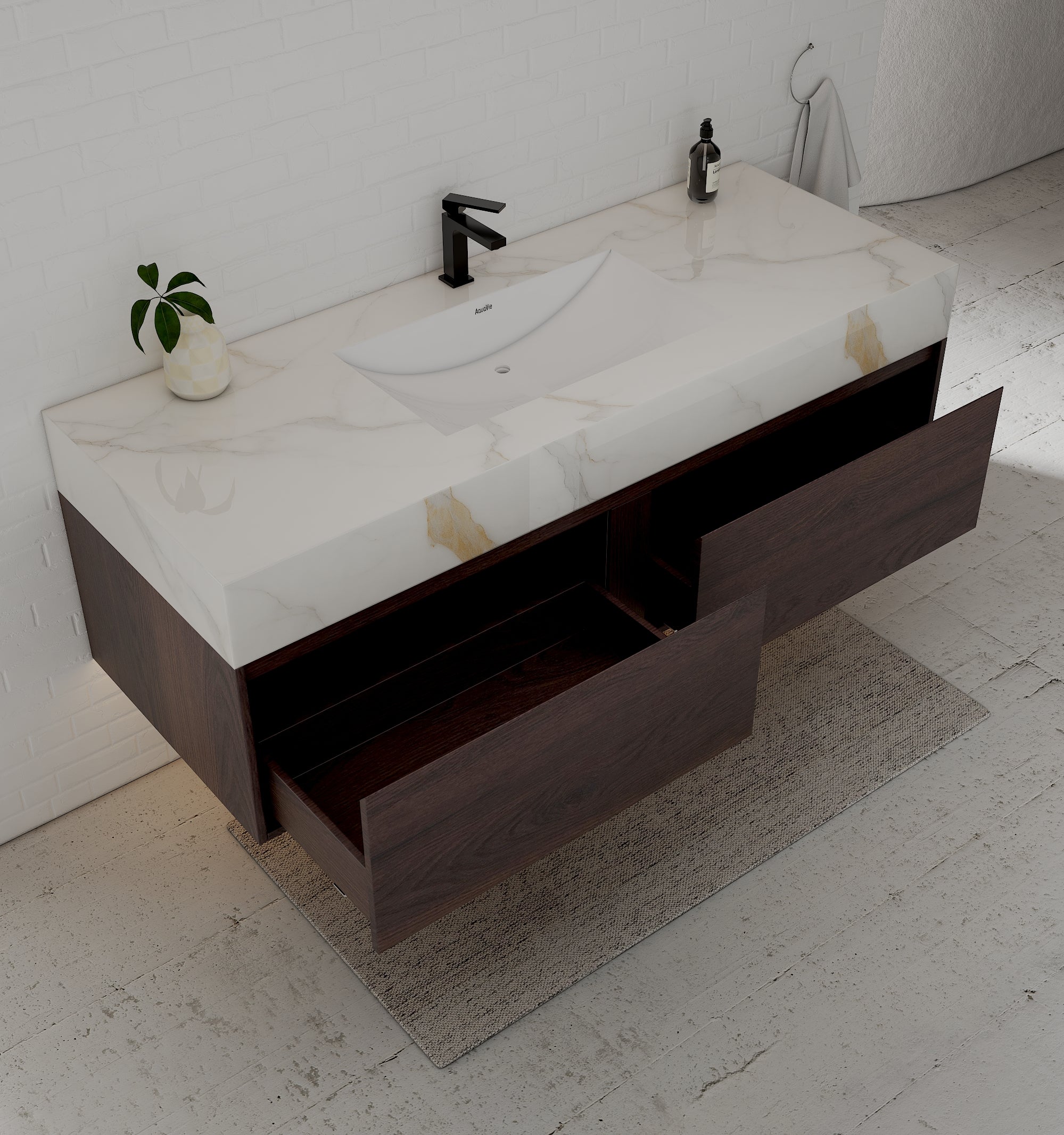 48", 60" Walnut Sintered Stone Top with Double Drawer Floating Bathroom Vanity