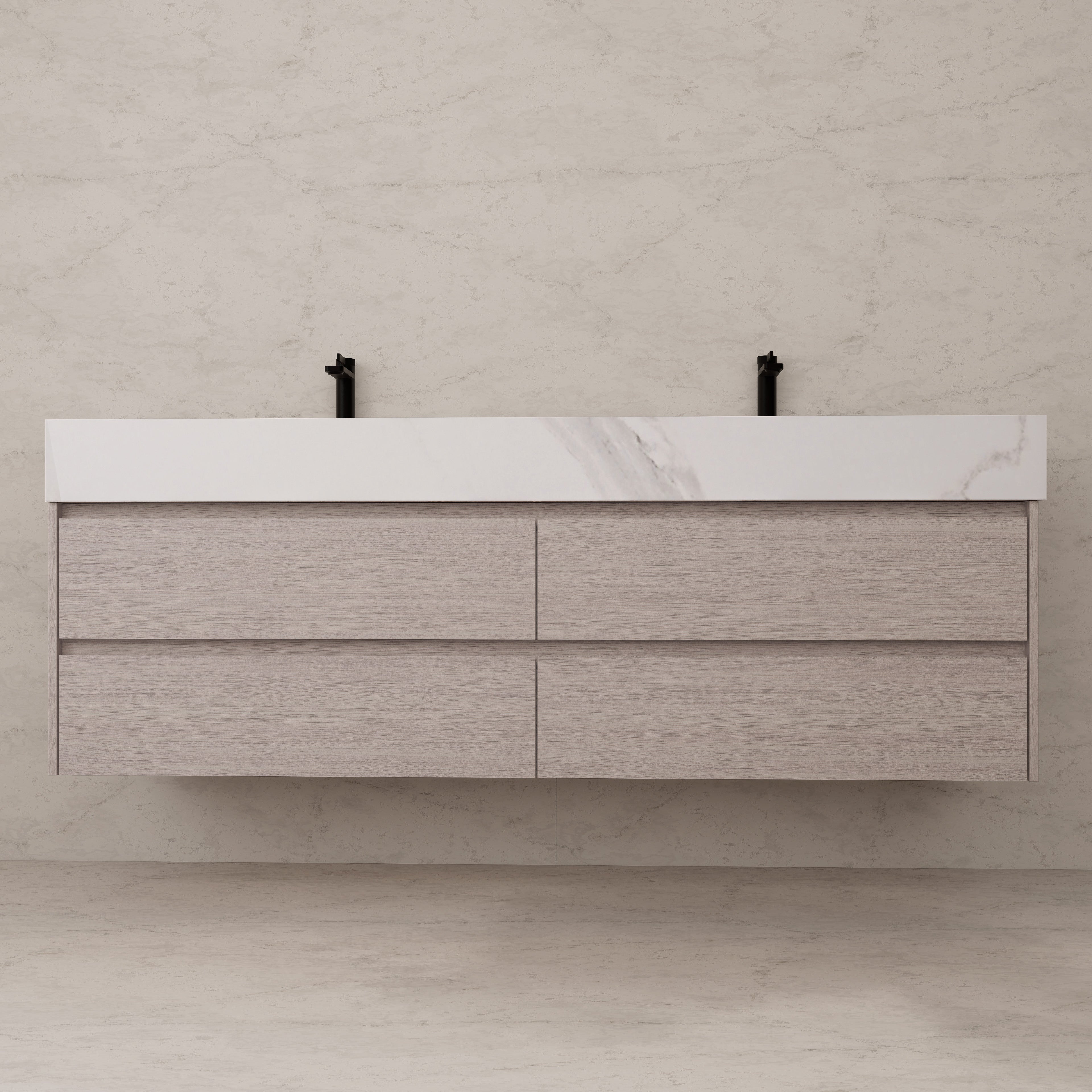 71"，60" White Grey Oak Double Sink Sintered Stone Top with Floating Bathroom Vanity
