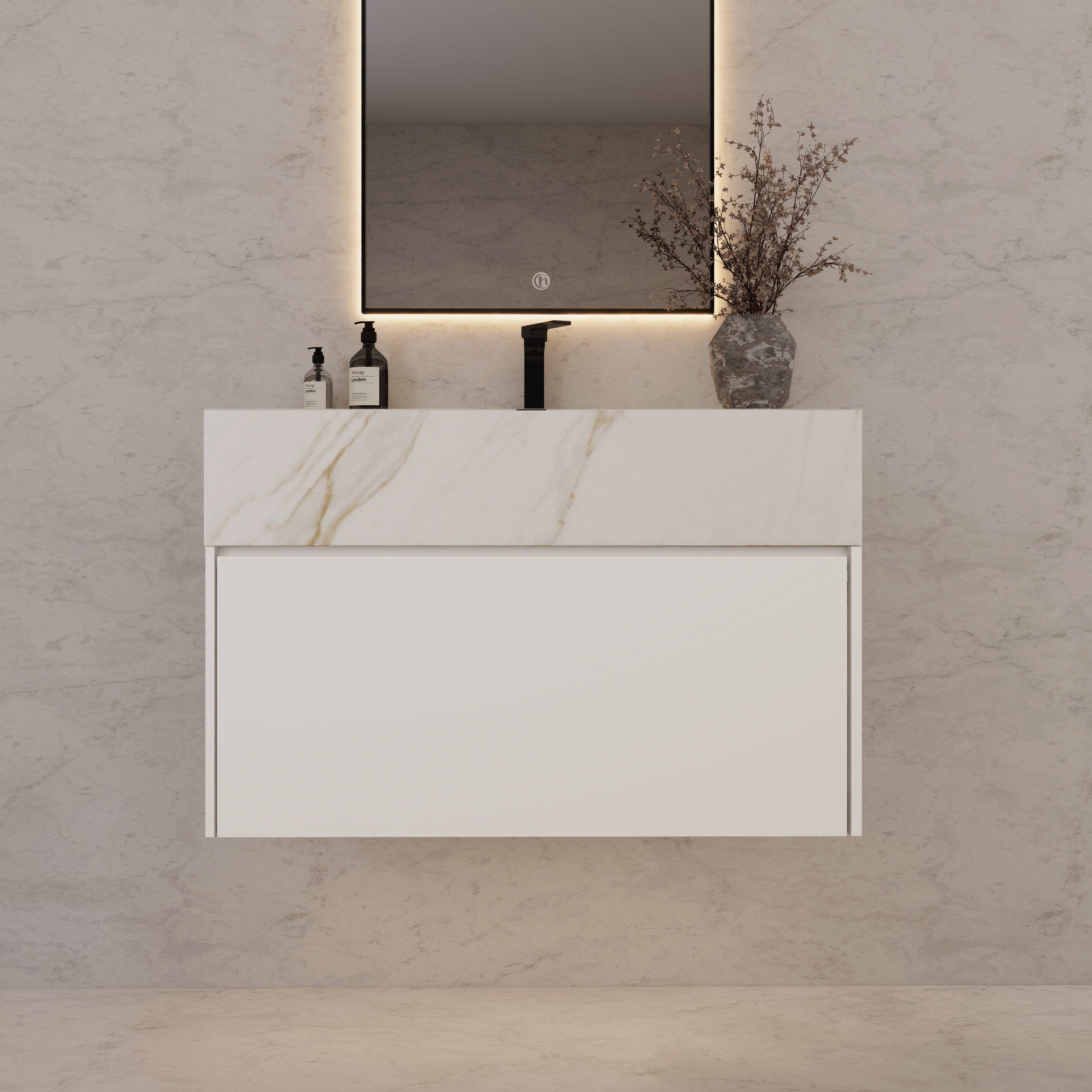 32"/ 36"/40" White Single Sink Floating Bathroom Vanity with Sintered Stone Top